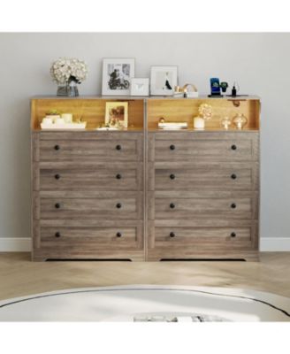 4-Drawer Wooden Dresser with LED Lights & Charging Station, Modern Nightstand Chest for Bedroom