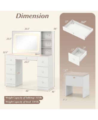 Vanity Desk and Stool Set with Lighted Mirror, Makeup Dressing Table