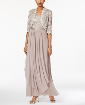R & M Richards Sequined Lace Belted Gown and Jacket