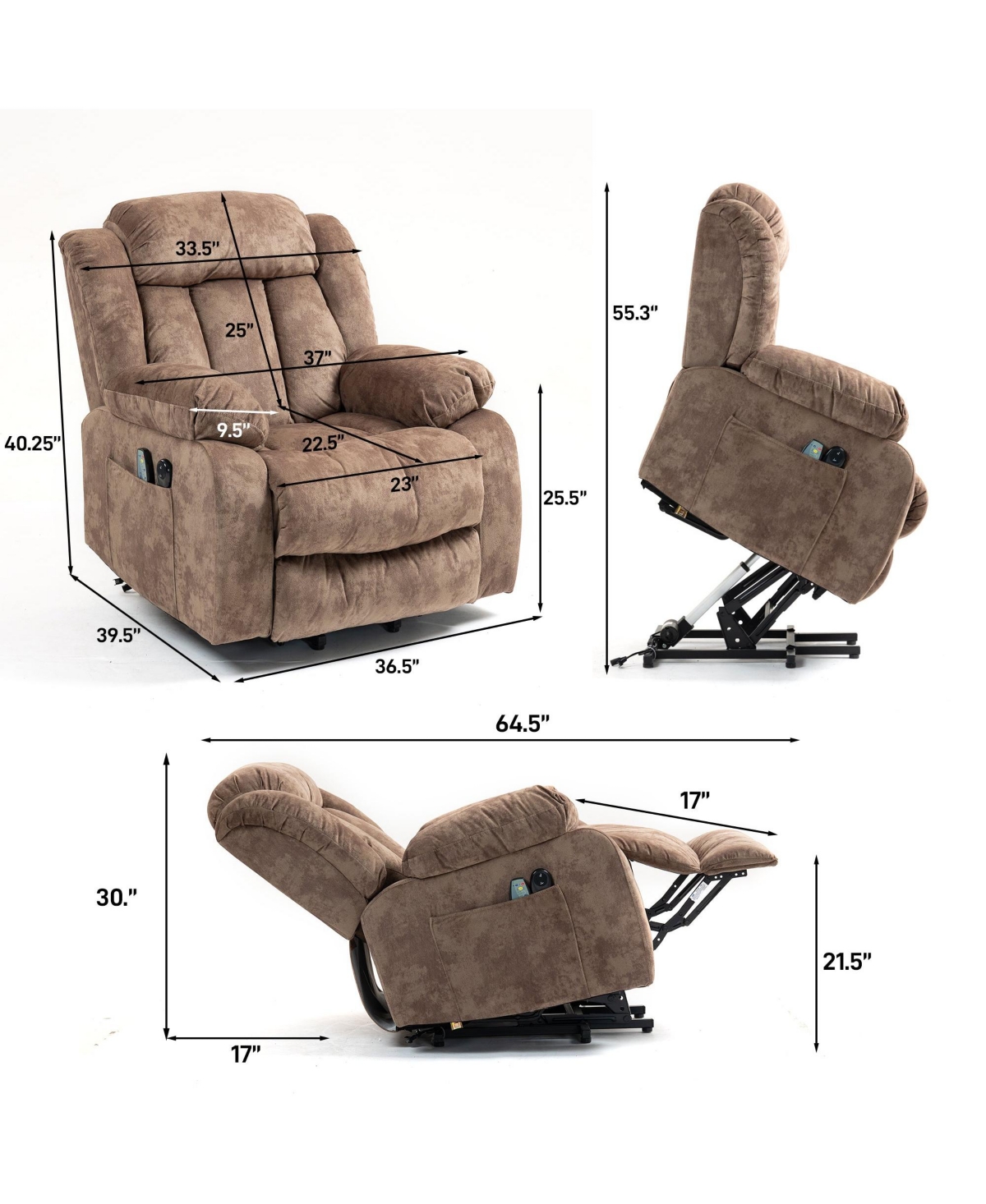 Boyel Living Velvet Recliners with Heat & Massage Power Lift Chair Relax Sofa for Room, Brown