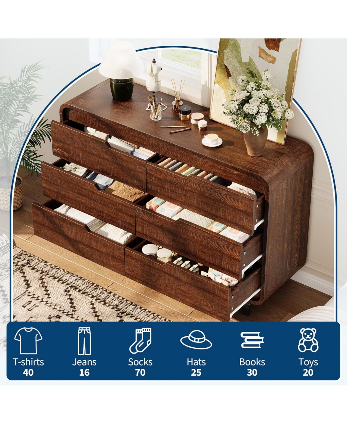 Gaomon 6 Drawers Dresser for Bedroom, 47" Wide Modern Wooden Clothes with Large Wood Storage, Chest of Living Room.