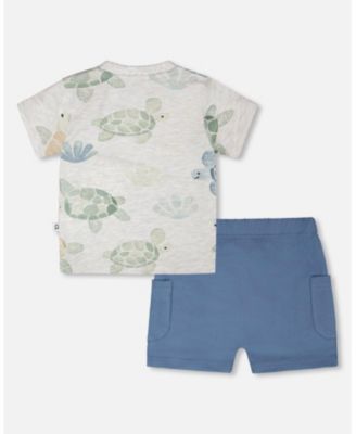 Baby Boys Jersey T-Shirt and Cotton Jersey Shorts Set Grey Mix Turtle Print