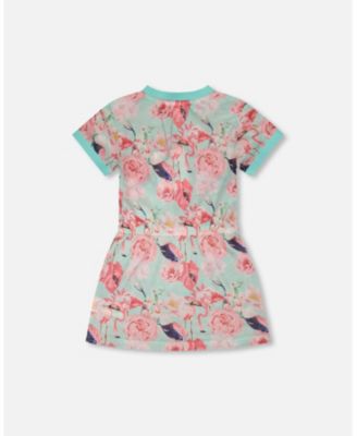 Girls Mesh Beach Dress Blue Flamingo Print