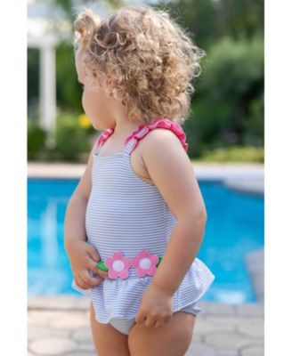 Little Girls Seersucker Swimsuit With Flowers
