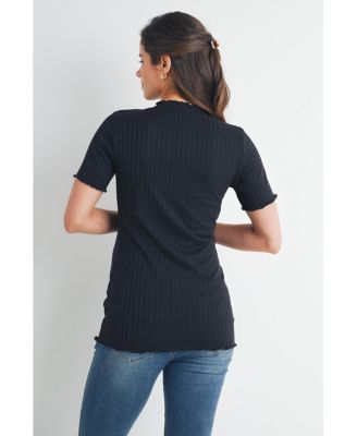 Women's Maternity Ribbed Crew Neck Short Sleeve Top with Lettuce Hem
