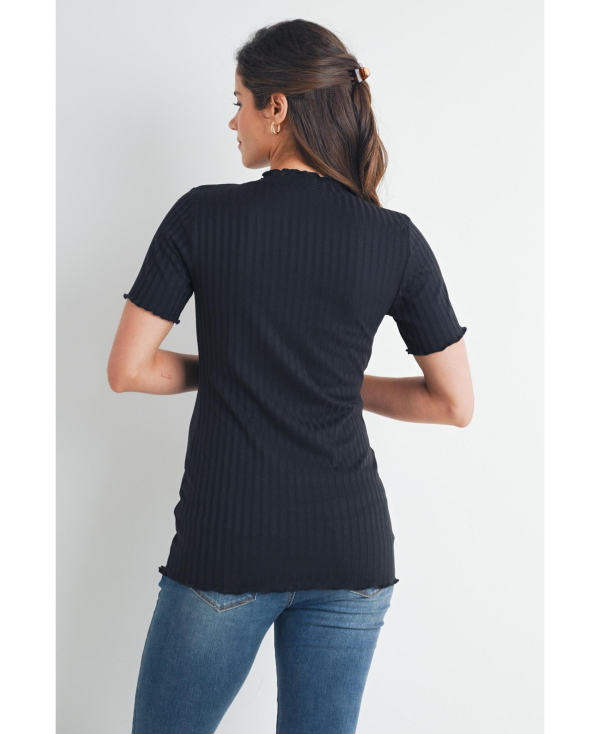 Hello Miz Women's Maternity Ribbed Crew Neck Short Sleeve Top with Lettuce Hem