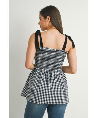 Women's Maternity Smocked Gingham Tie-Strap Sleeveless Top