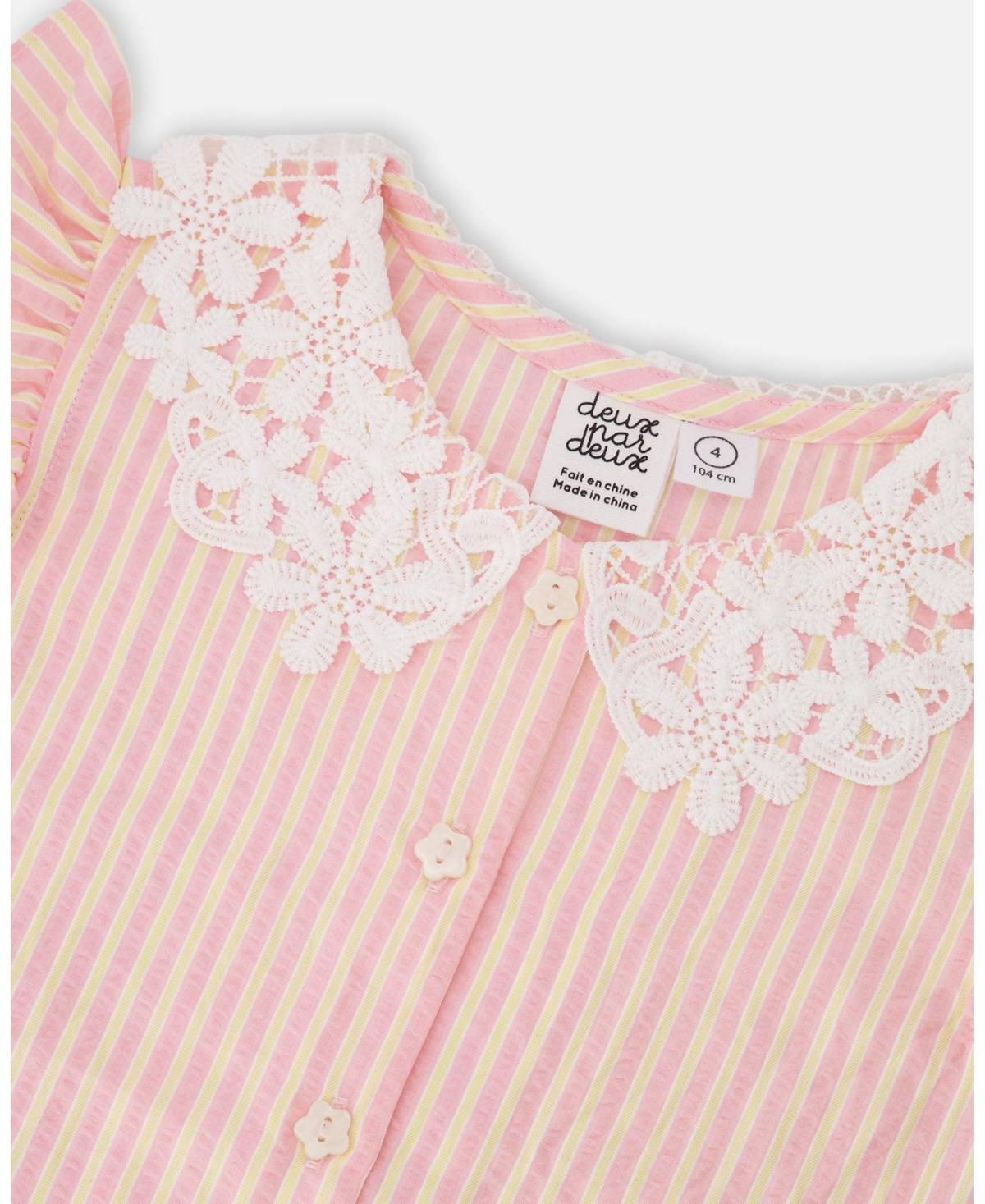 Deux par Toddler Girls Sleeveless Shirt Pink and Yellow Stripes with Crochet Collar - Toddler|Child