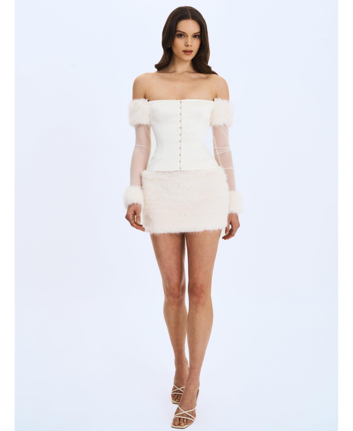 Miss Circle Women Nola Ivory Off-Shoulder Fur Trimmed Top