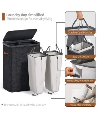 2-Compartment Laundry Basket with Removable Laundry Bag - Durable Organizer for Bathroom, Bedroom, or Laundry Room - Space Saving Design