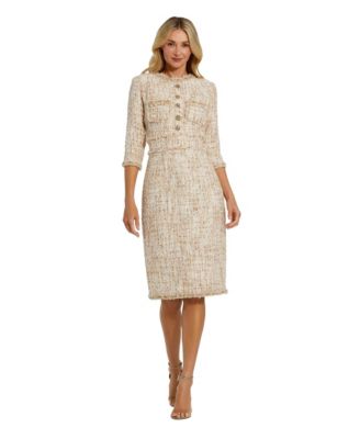 Petite Beaded Trim Boucle Midi Dress with 3/4 Sleeves