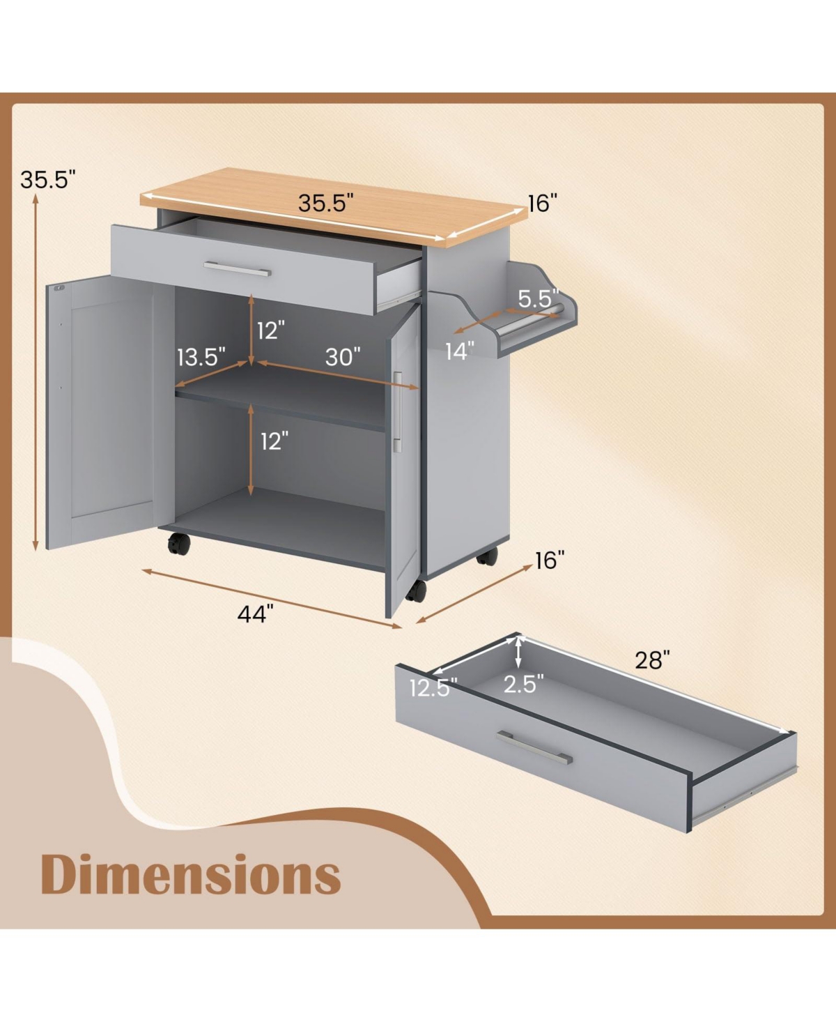 Volenca Kitchen Island Cart with Towel Rack and Spice Rack