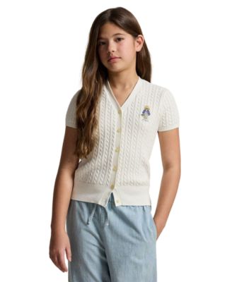 Girls' 7-16 Polo Bear Cable V-Neck Cardigan