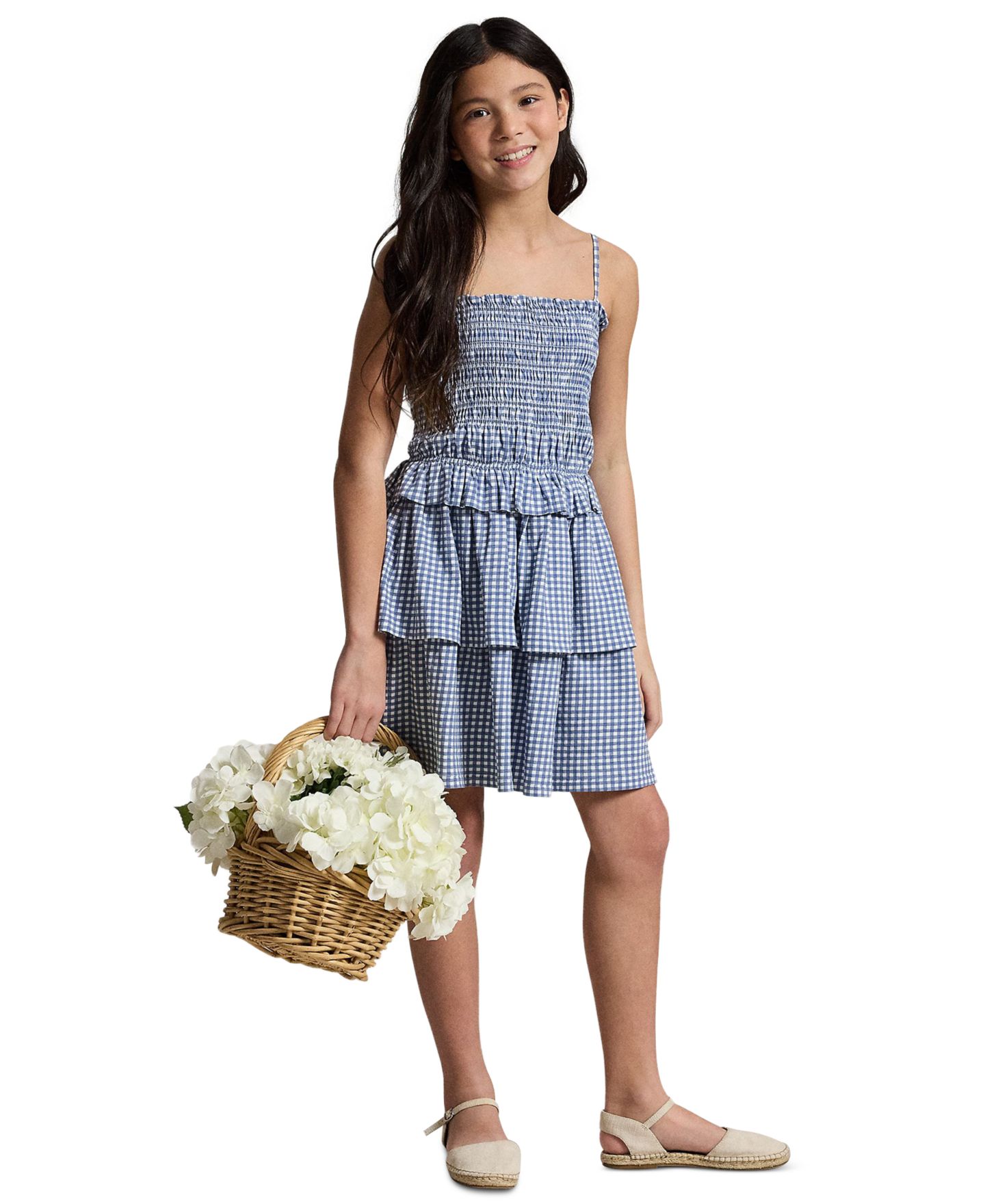 Платье Polo Ralph Lauren Plaid Smocked Straight Neck Jersey Dress для девочек, цвет: Синий в мелкую клетку — фото 4