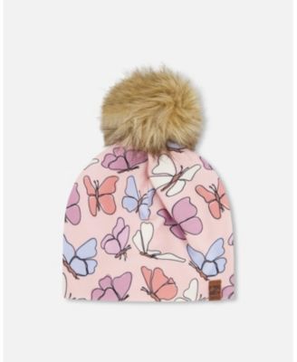 Baby Girls Stretch Jersey Hat Printed Butterflies with Pompom
