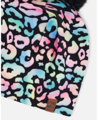 Baby Girls Stretch Jersey Hat Black Animal Print with Pompom