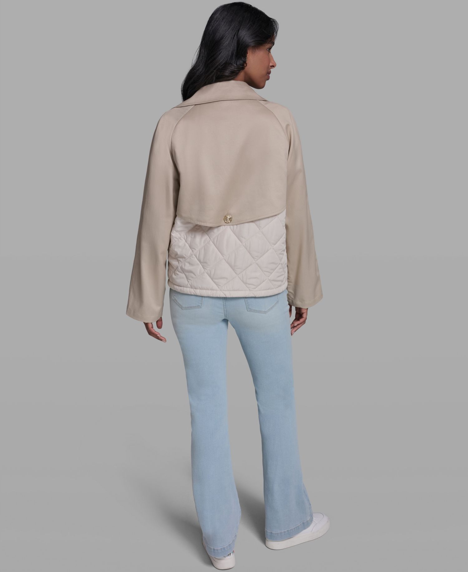Women's Crop Trench Button-Sleeve Quilted Back Jacket