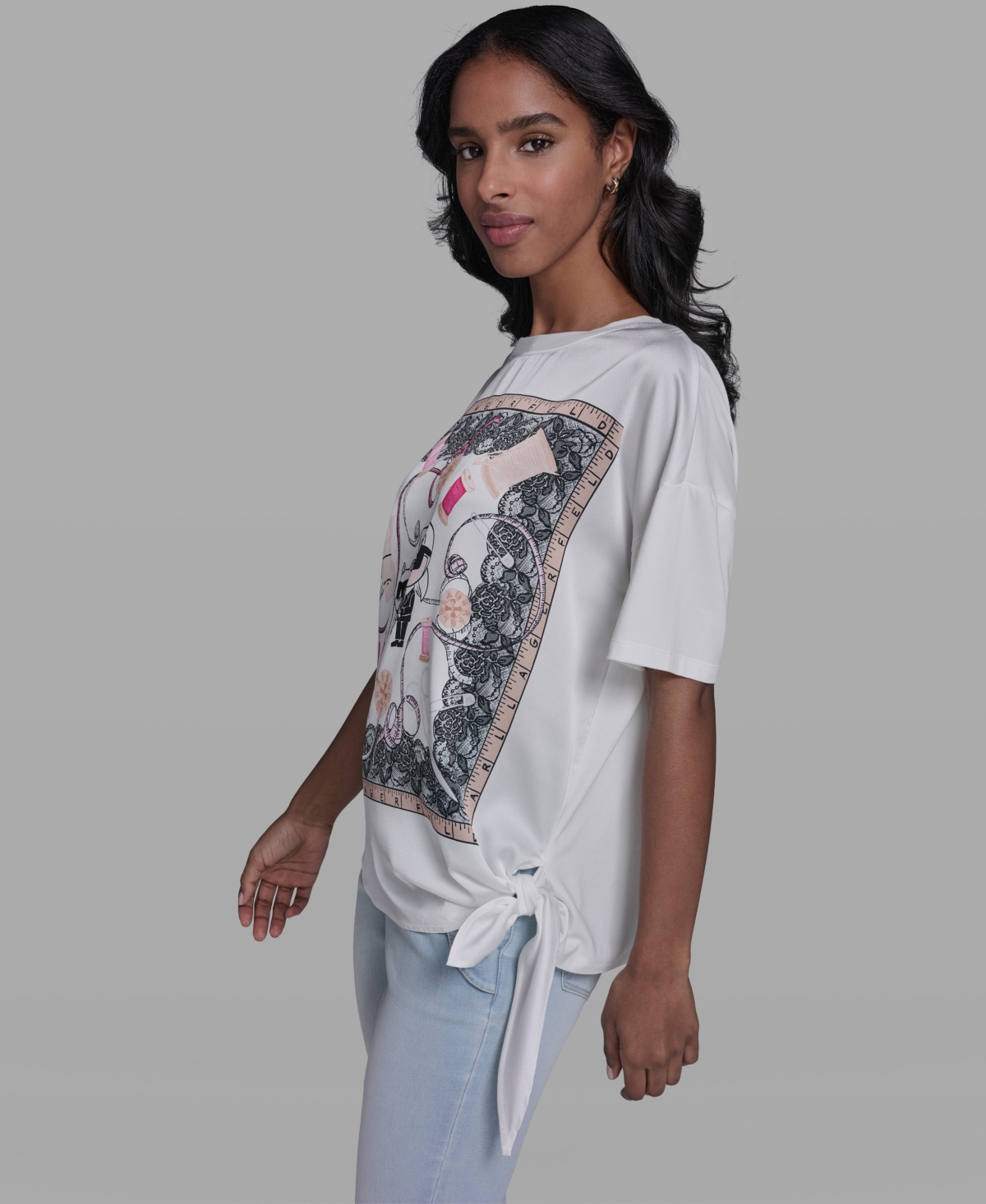 Karl Lagerfeld Paris Women's & Choupette Frame Side Tie Crew Neck T-Shirt