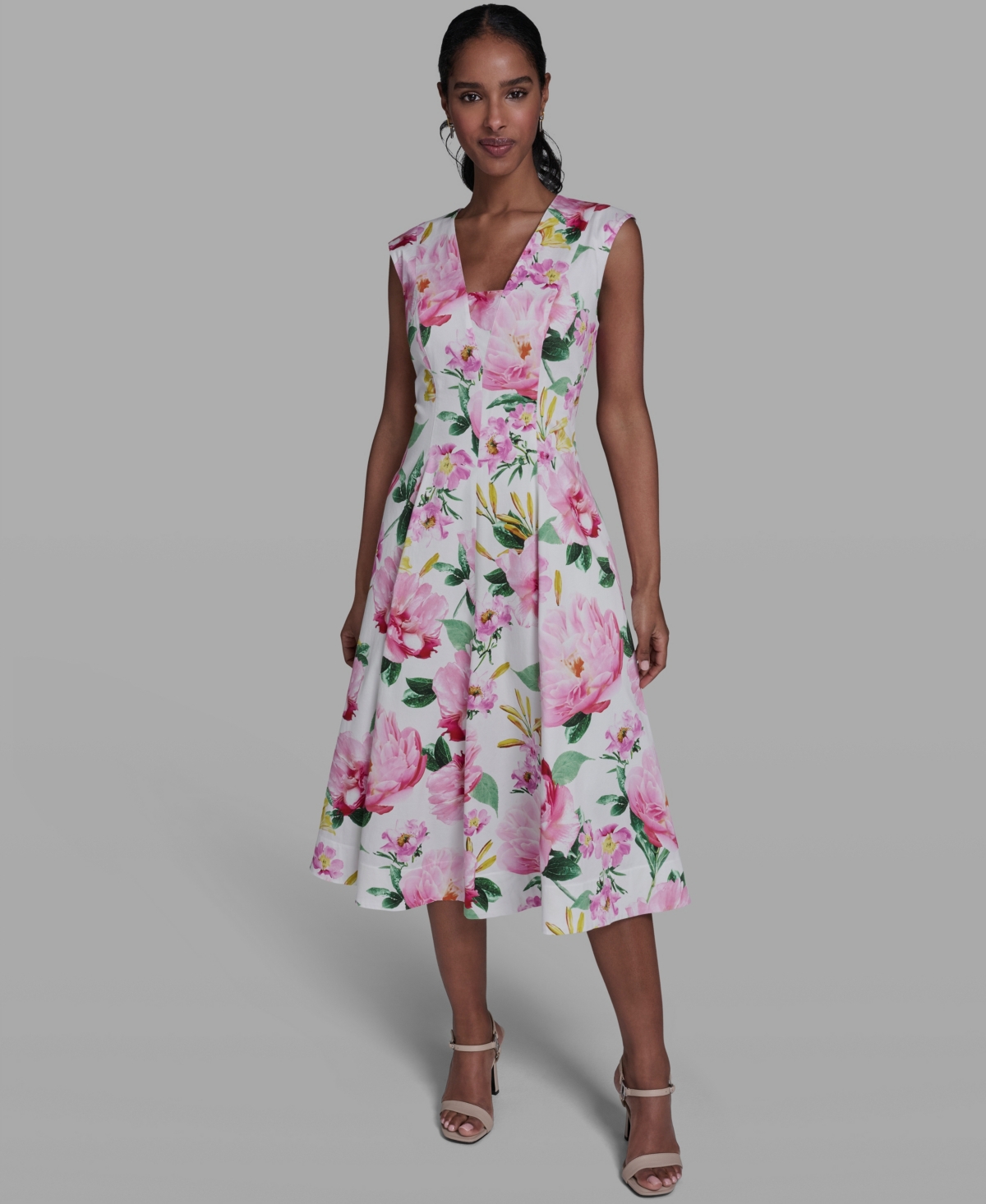 Karl Lagerfeld Paris Women's Placed Floral V-Neck Midi Dress