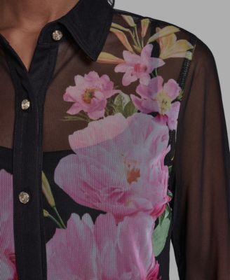 Women's Placed Floral Mesh Collared Shirt