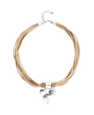 Mixed Beige Silk And Leather Thread Necklace with Sterling Silver Heart Detail