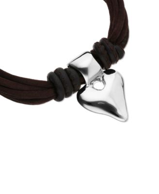 Bracelet with Mix of Silk Effect And Leather Brown Thread And Sterling Silver Heart Detail