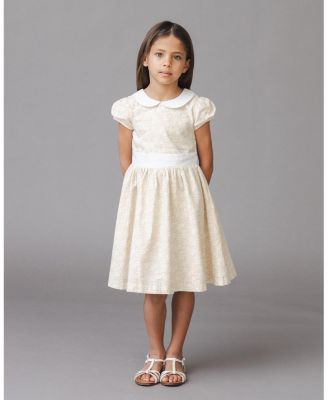 Little and Big Girls' Short Sleeve Linen Dress with Peter Pan Collar