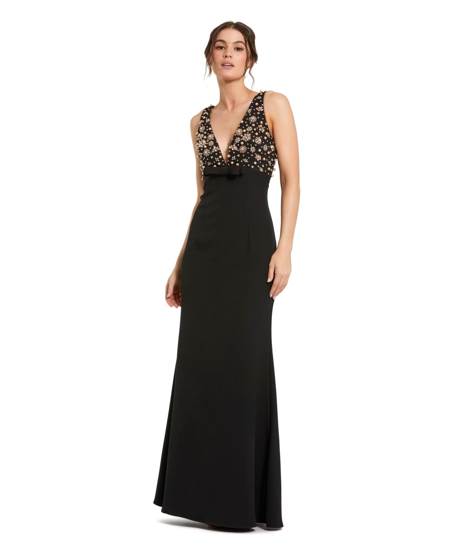Petite Crepe Sleeveless Beaded V Neck Gown With Bow