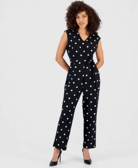 Petite Printed Tie-Waist Jumpsuit - Bright White