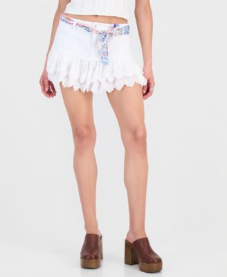Juniors' Scarf-Belt Eyelet-Hem Miniskirt