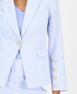 Women's Seersucker Stripe Cotton One-Button Blazer