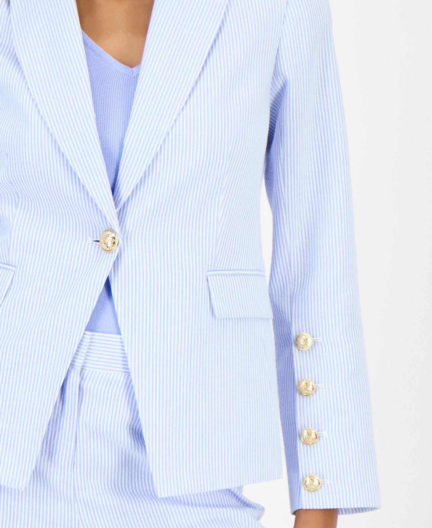Petite Peak Lapel Collar One-Button Seersucker Blazer