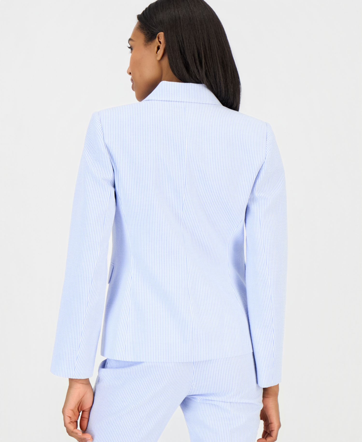 Petite Peak Lapel Collar One-Button Seersucker Blazer