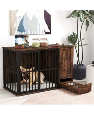 Space-Saving Dog Crate End Table, 2-in-1 Furniture with Hidden Pull-Out Food Bowls & Durable Chew-Proof Frame