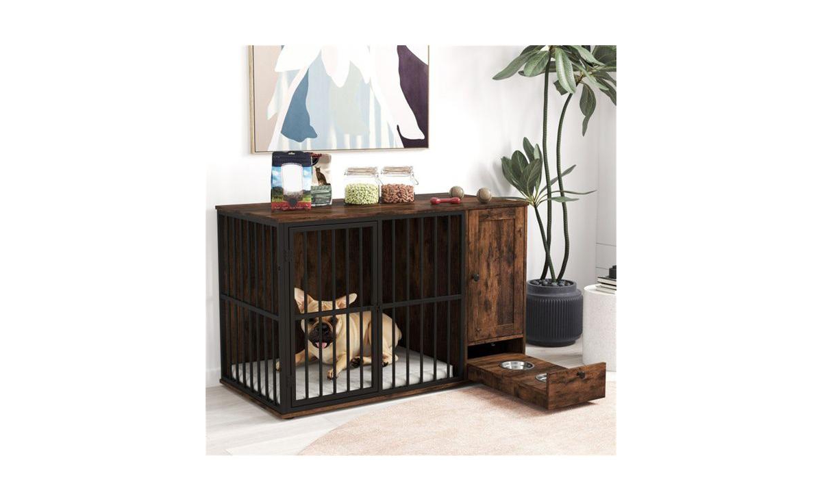 Aostirmotor Space-Saving Dog Crate End Table, 2-in-1 Furniture with Hidden Pull-Out Food Bowls & Durable Chew-Proof Frame
