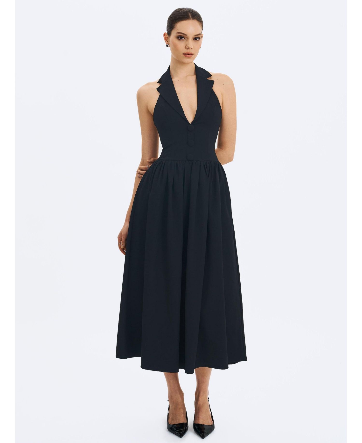 Women's Delaney Black Lapel Halter Midi A-Line Dress