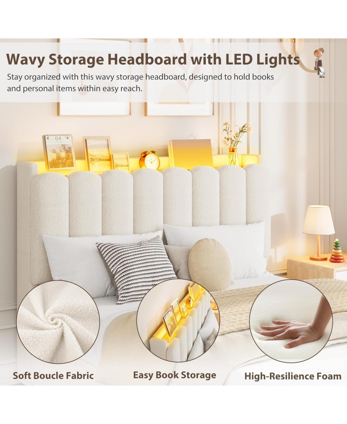 gaomon Led Full Size Bed Frame with Storage Headboard, Kids Bed Frame with 2 Drawers, Boucle Upholstered Platform Bed for Girls