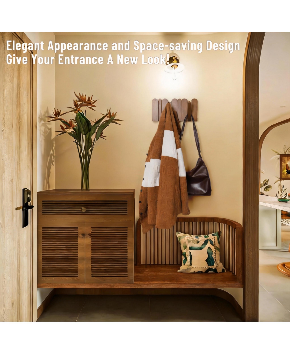 Yigii Elegant Beech Wood 8-Hook Retractable Coat Rack for Modern Entryways