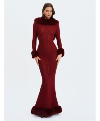 Women Mellie Burgundy Regular-Length Rhinestone Mesh Low Back Mermaid Gown