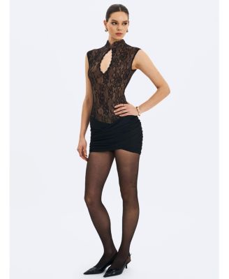 Women's Valerie Black Lace Teardrop Neckline Ruched Mini Dress