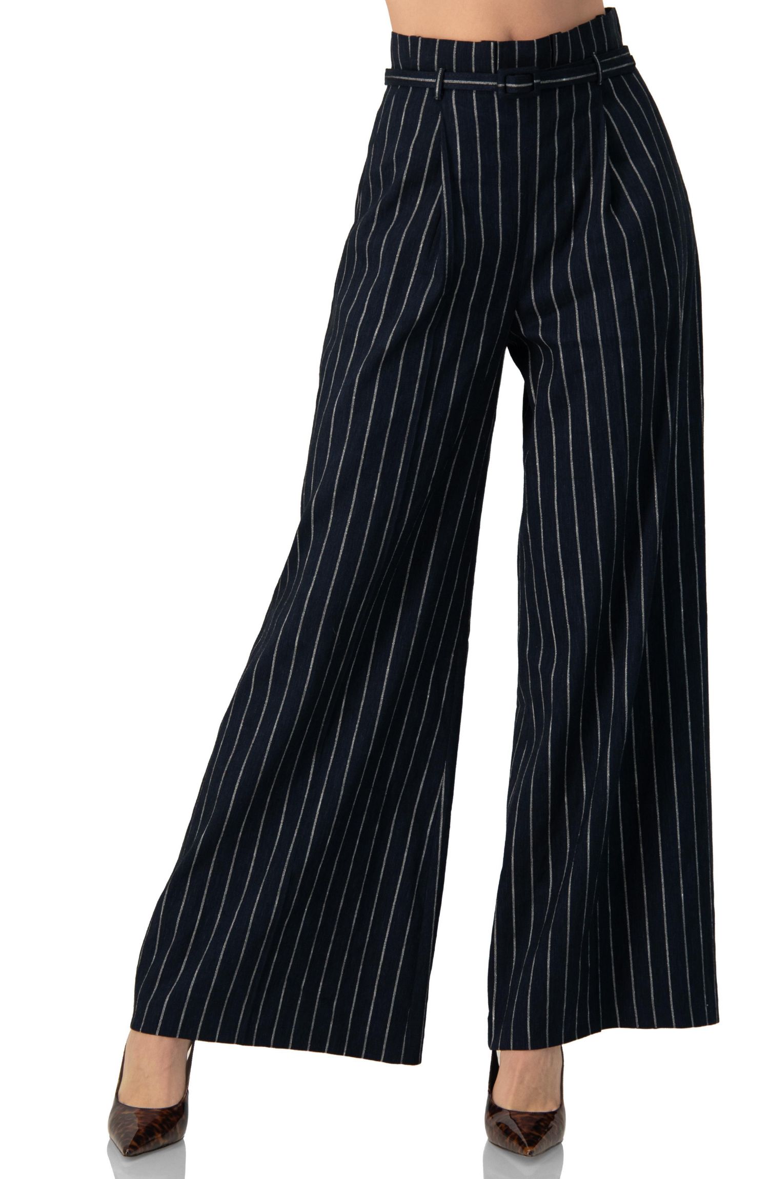 Women's Striped Wide-Leg Trousers with Belt