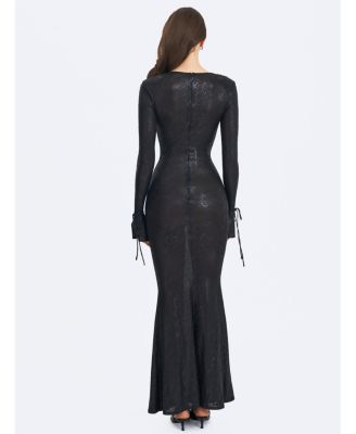 Women's Ilysia Black V-Neck Plunge Snakeskin Mermaid Hem Maxi Dress