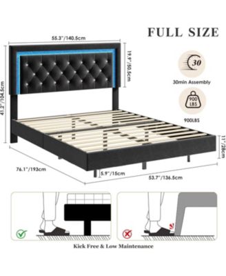 gaomon Floating Bed Frame Size with Smart Led Lights, Upholstered Platform Bed with Diamond Headboard, Solid Wood Slats Support, No Box Spring Needed