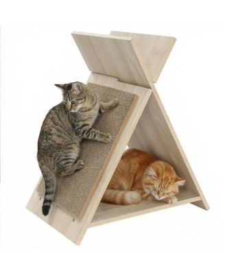 Space-Saving Cat Scratcher Lounge Combo with Tunnel, 3-in-1 Multi-Level Furniture with Scratching Surface & Wooden Perch