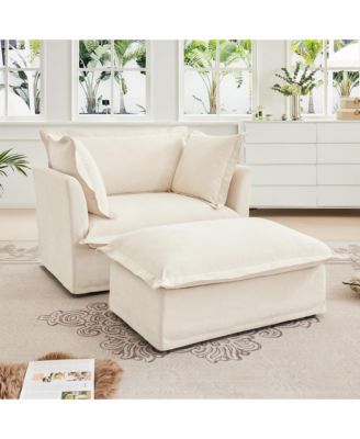 Upholstered Slipcovered Armchair with Ottoman, Chenille Single Seat Sofa Couches Armchair with 2 Large Soft Pillows