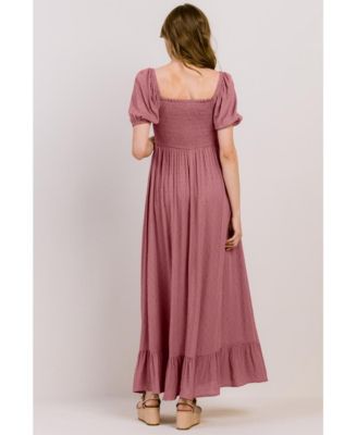 Maternity Smocked Swiss Dot Maxi Dress with Side Slit