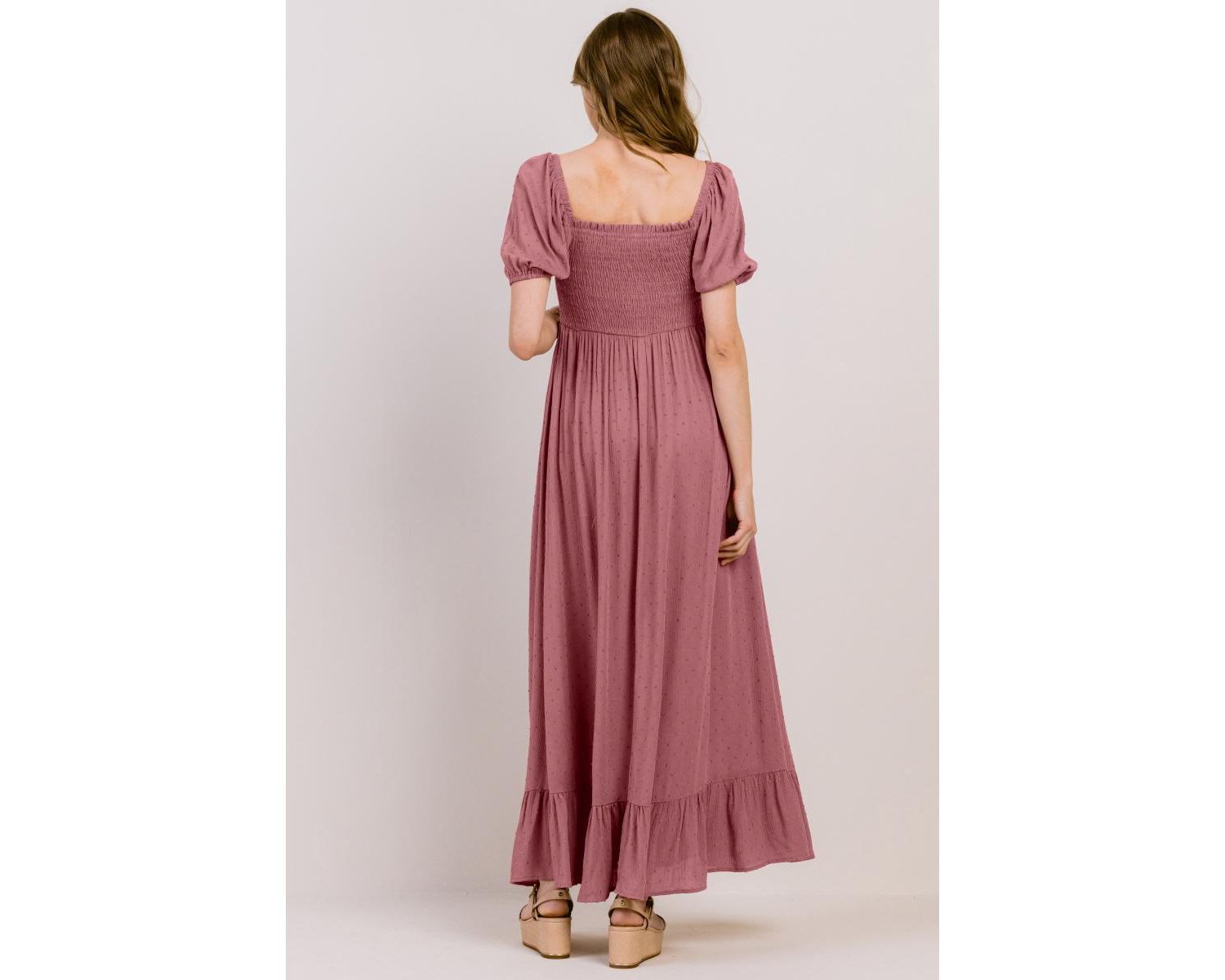 Women's Smocked Swiss Dot Maxi Dress with Side Slit