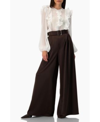 Ivonne Women's Long Sleeve Sheer Blouse with Ruffle Detail