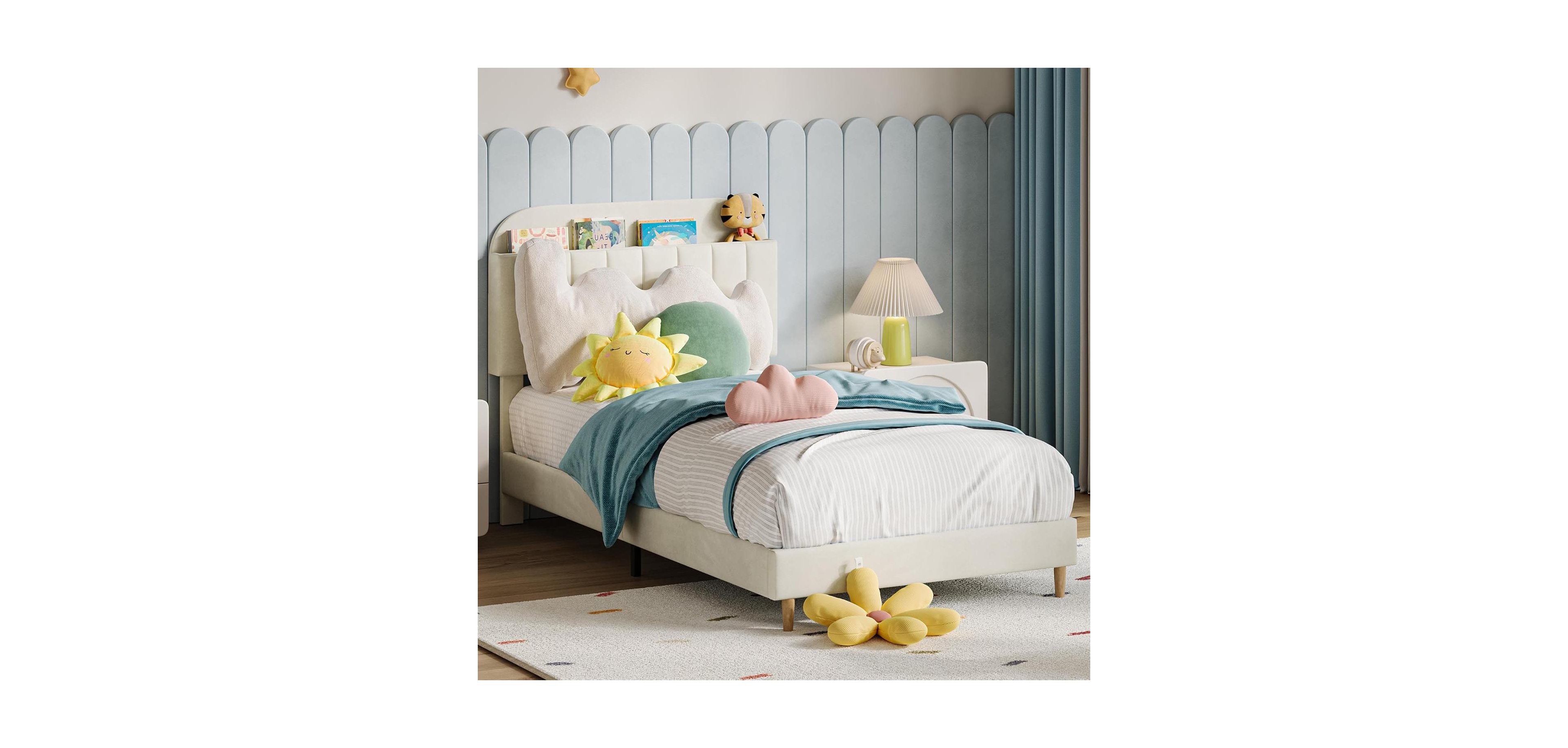 gaomon Twin Bed Frame with Bookcase Headboard - Upholstered Velvet Platform