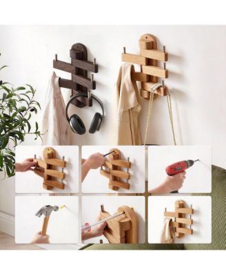 Solid Oak Swivel Coat Rack with 5 Foldable Hooks for Heavy Duty Use